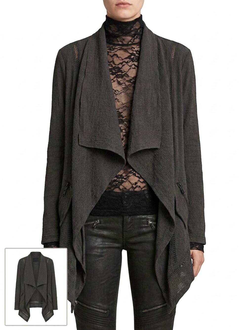 Monoreno Boho Grunge Mixed Media Draped Jacket Size L Charcoal Gray Faux Zipper